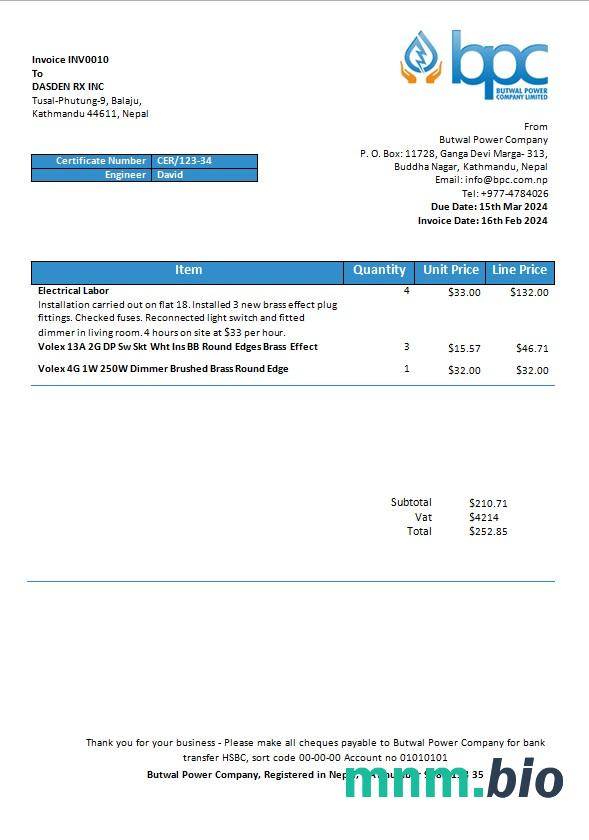 Nepal Butwal Power Company Limited szablon rachunku za energię elektryczną w formatach Word i PDF